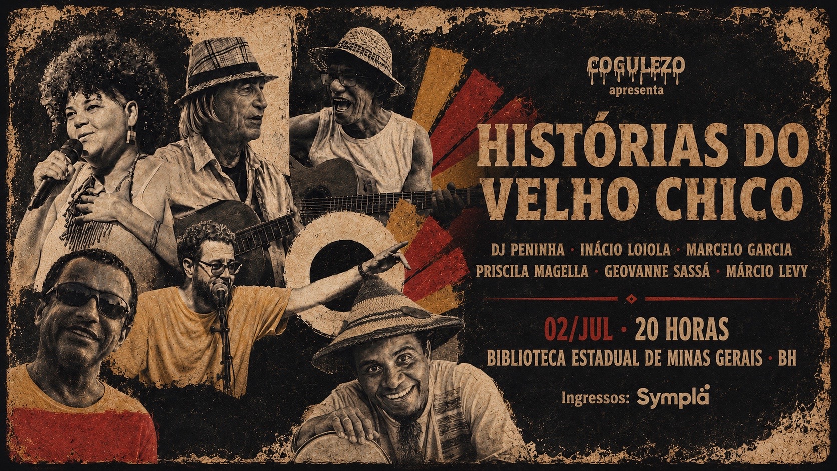 Cogulezo apresenta Histórias do Velho Chico — DJ Peninha, Inácio Loiola, Marcelo Garcia, Priscila Magella, Geovanne Sassá e Márcio Levy. 02/Jul, 20h, Biblioteca Estadual de Minas Gerais. Ingressos pelo Sympla.